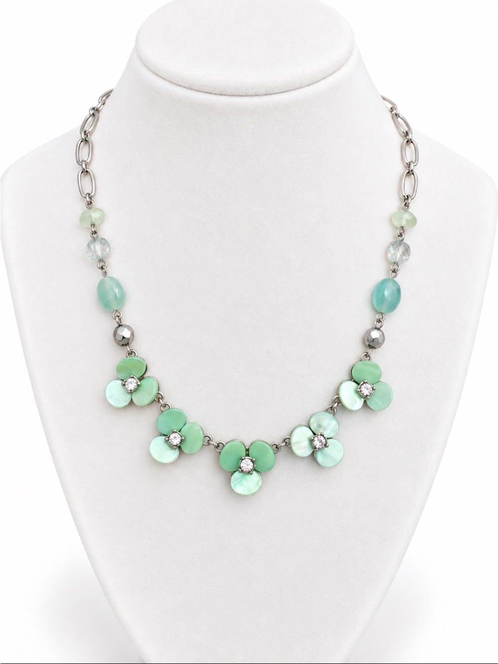 Mint Green Floral Statement Necklace Silver Tone Rhinestone Crystal Accents